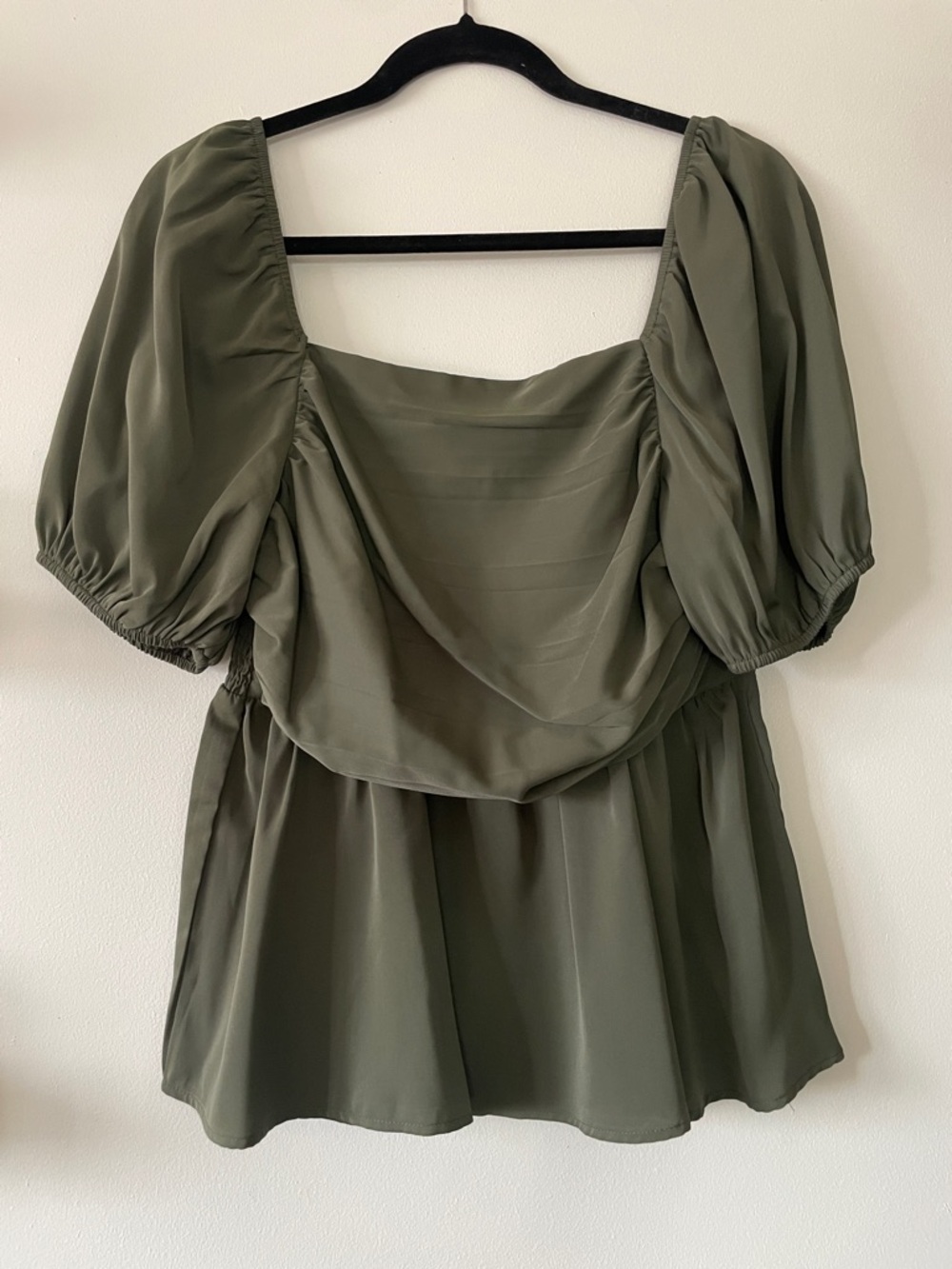 Shein|Olive Green Puff Sleeve Peplum Top Square Neck|Large|EUC